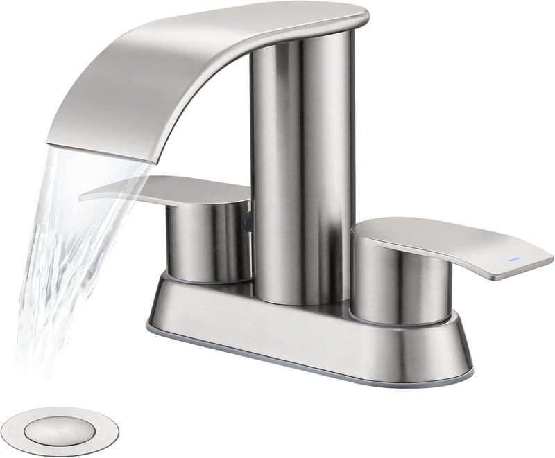 Ultimate Unicorn Waterfall Bathroom Sink Faucet Brushed Nickel, Two Handles Bathroom Faucet with Metal Pop up Sink Drain Stopper, Two Or 3 Holes Bathroom Basin Mixer Tap, Patent No. : US D983,326 S - Image 1